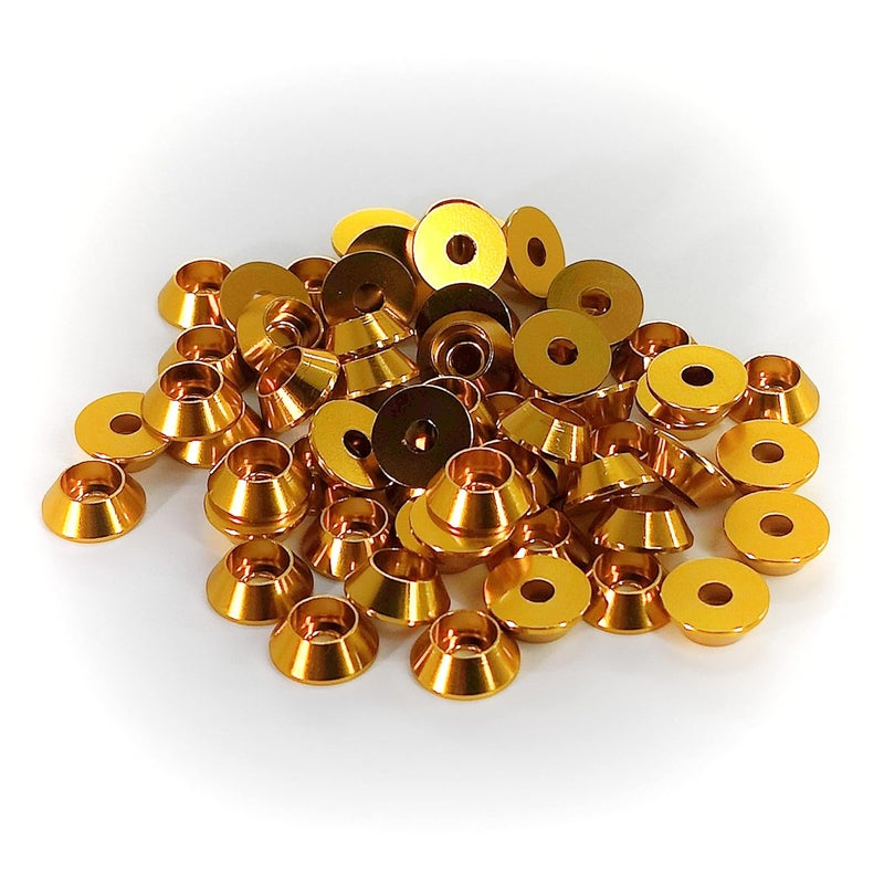 Lagefefe [60PCS] M3 Cone Cup Counterbore Washers, Anodized Aluminum Alloy, Head Washers Gaskets Cup Shim for Screw RC/FPV/PC/Drone/Mechanical Accessories Model Parts, Golden - Image 2